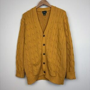 Vtg J CREW Oarsman Chunky Cable Knit Fisherman Cardigan Sweater Yellow Prep L